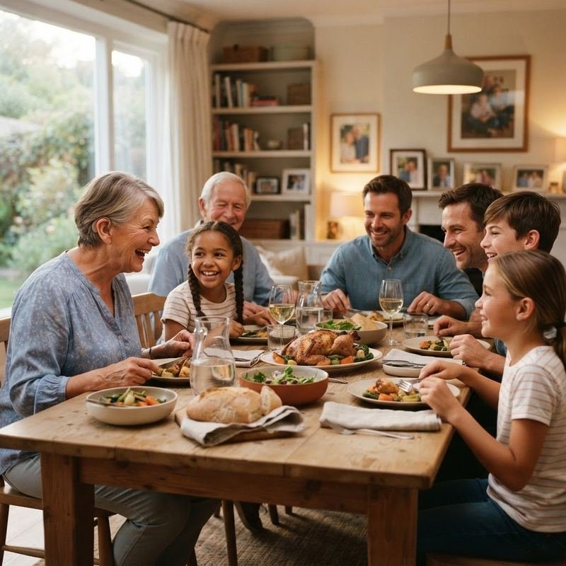 Three generations of a family laughing together around the dinner table
