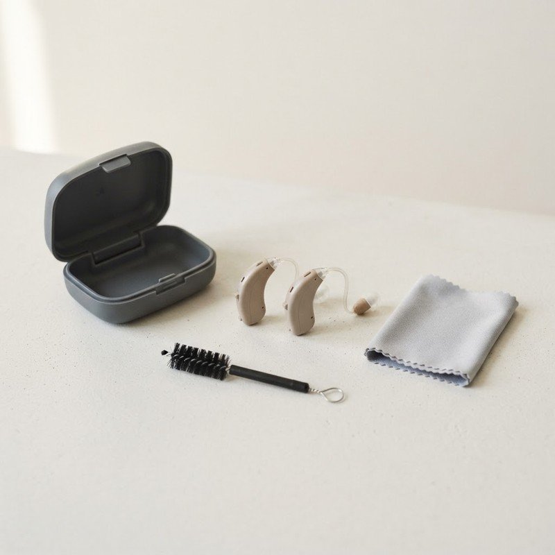 Hearing aid cleaning kit with case, brush, and cloth